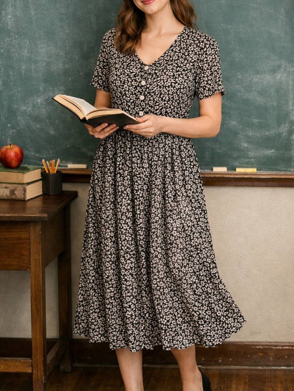 Jennifer Eden Black White Floral Cottagecore Dress Large VTG Teacher Miss Honey